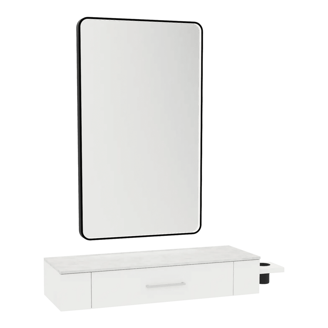 Nova Wall Mount Styling Station with Side-Mount Appliance Holder, Solid Surface Countertop, and Black Rectangle Westin Mirror - Kaemark