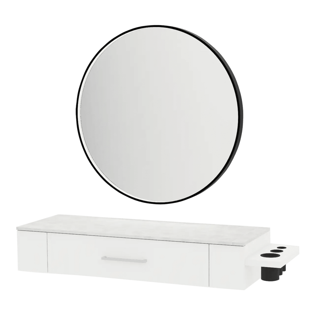 Nova Wall Mount Styling Station with Side-Mount Appliance Holder, Solid Surface Countertop, and Black Round Westin Mirror - Kaemark