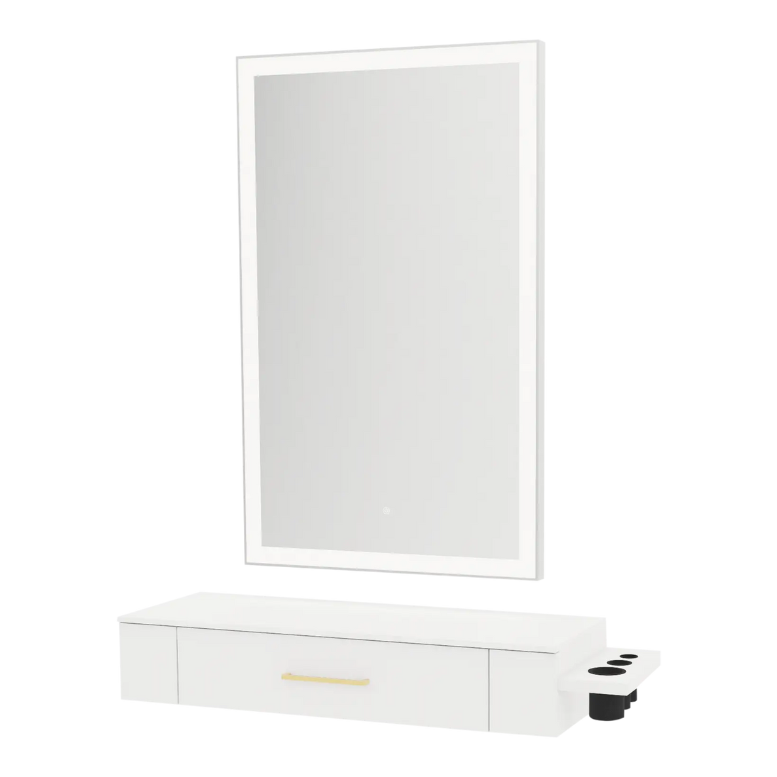 Nova Wall Mount Styling Station with Side-Mount Appliance Holder, Solid Surface Countertop and Silver Rectangle Glo Mirror - Kaemark