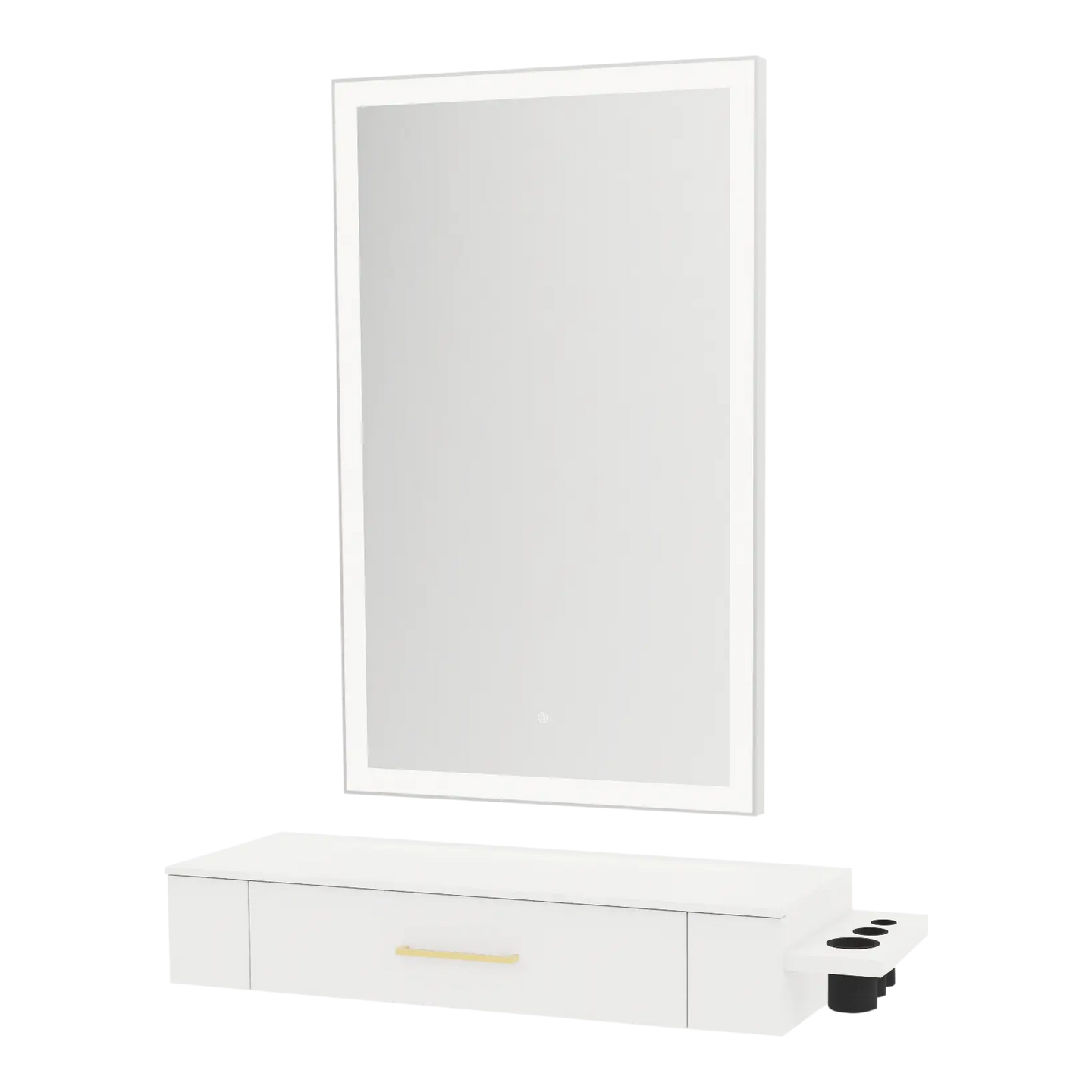 Nova Wall Mount Styling Station with Side-Mount Appliance Holder, Solid Surface Countertop and Silver Rectangle Glo Mirror - Kaemark