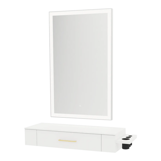 Nova Wall Mount Styling Station with Side-Mount Appliance Holder, Solid Surface Countertop and Silver Rectangle Glo Mirror - Kaemark