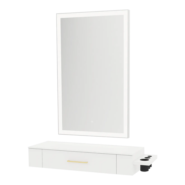 Nova Wall Mount Styling Station with Side-Mount Appliance Holder, Solid Surface Countertop and Silver Rectangle Glo Mirror - Kaemark