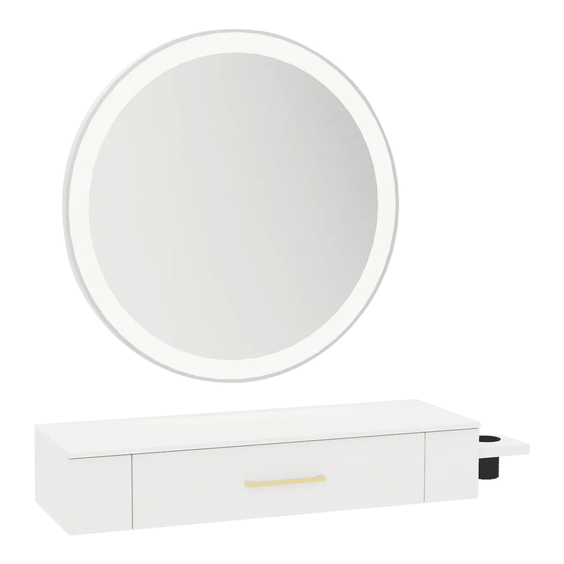 Nova Wall Mount Styling Station with Side-Mount Appliance Holder, Solid Surface Countertop, and Silver Round Glo Mirror - Kaemark