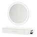 Nova Wall Mount Styling Station with Side-Mount Appliance Holder, Solid Surface Countertop, and Silver Round Glo Mirror - Kaemark
