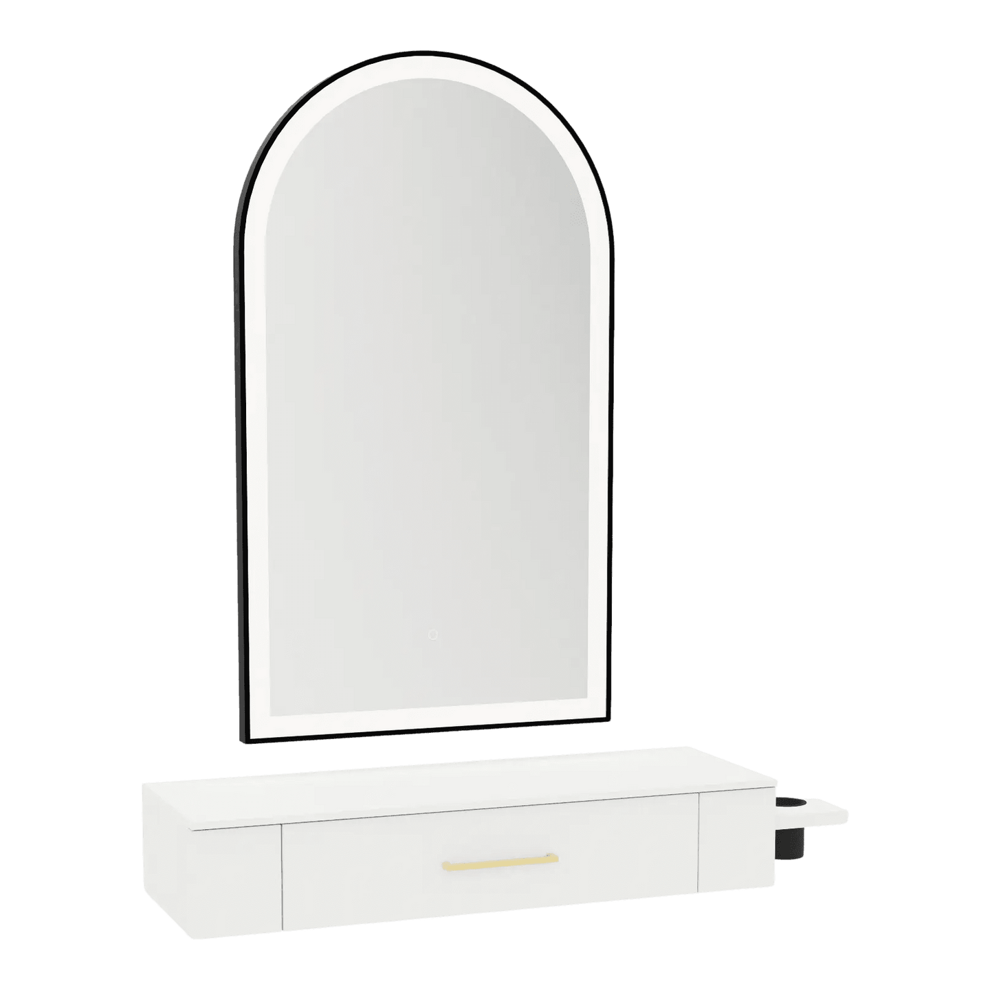 Nova Wall Mount Styling Station with Side-Mount Appliance Holder, Solid Surface Countertop, and Black Arch Paloma Mirror - Kaemark