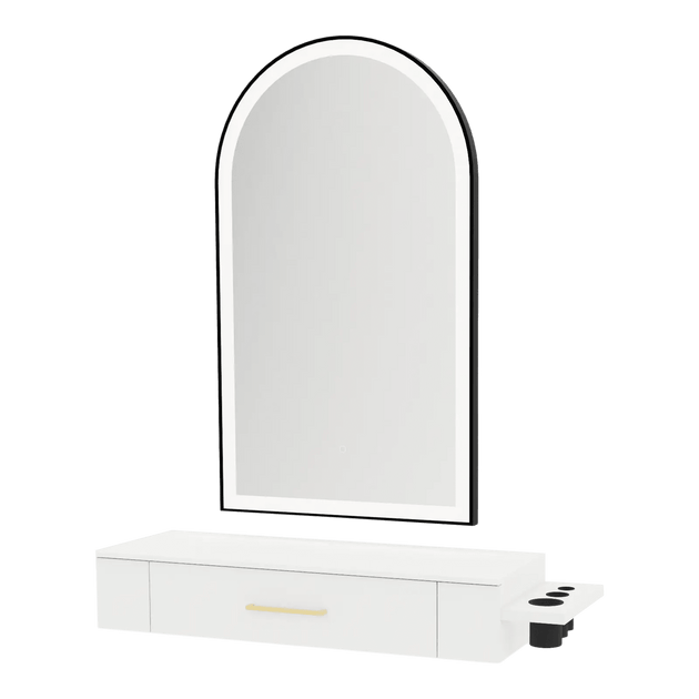 Nova Wall Mount Styling Station with Side-Mount Appliance Holder, Solid Surface Countertop, and Black Arch Paloma Mirror - Kaemark