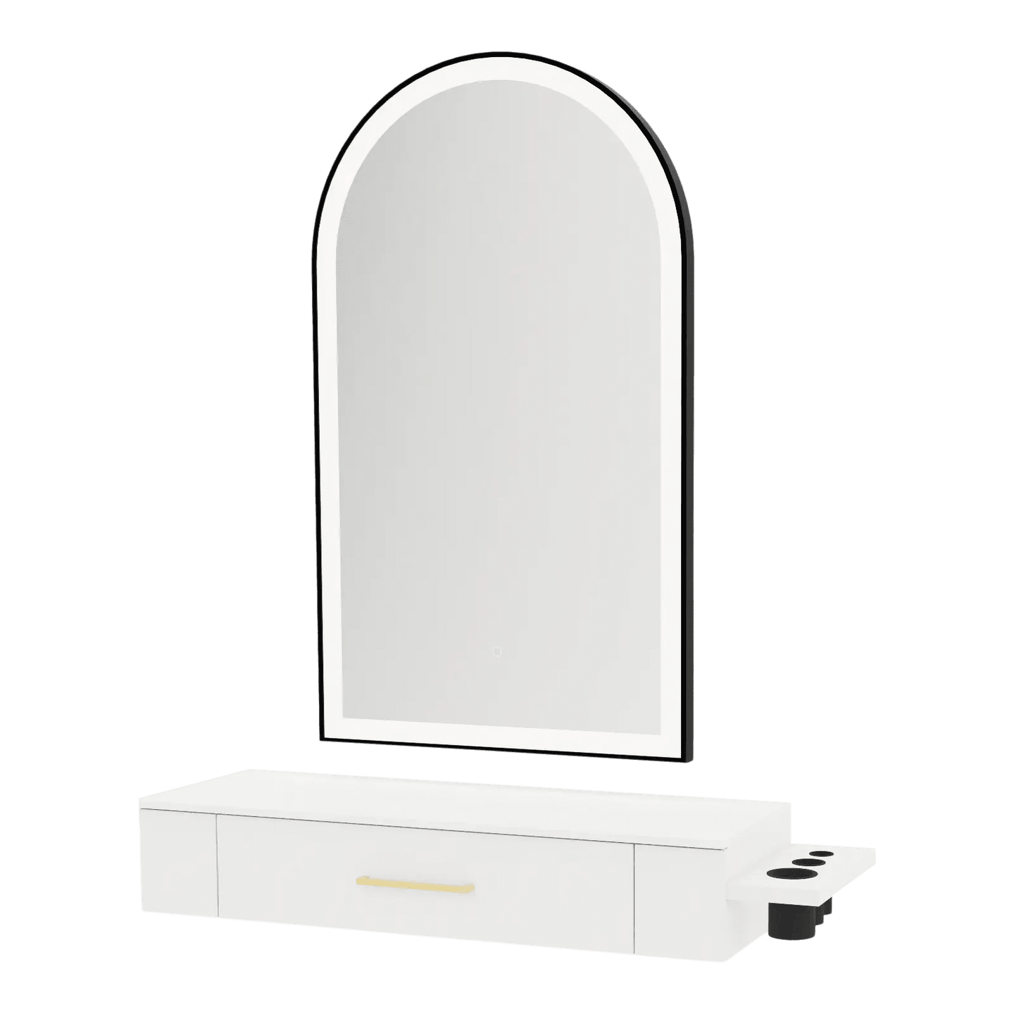 Nova Wall Mount Styling Station with Side-Mount Appliance Holder, Solid Surface Countertop, and Black Arch Paloma Mirror - Kaemark
