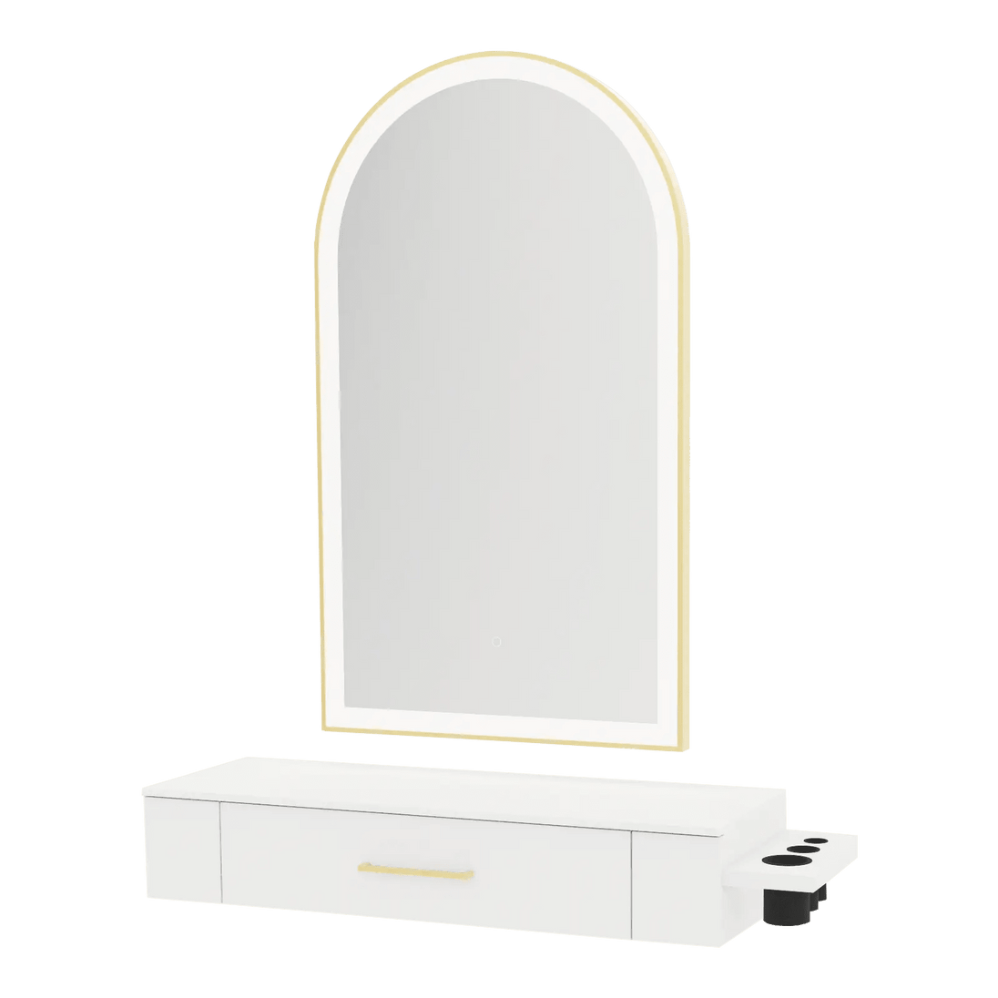 Nova Wall Mount Styling Station with Side-Mount Appliance Holder, Solid Surface Countertop and Gold Paloma Arch Mirror - Kaemark