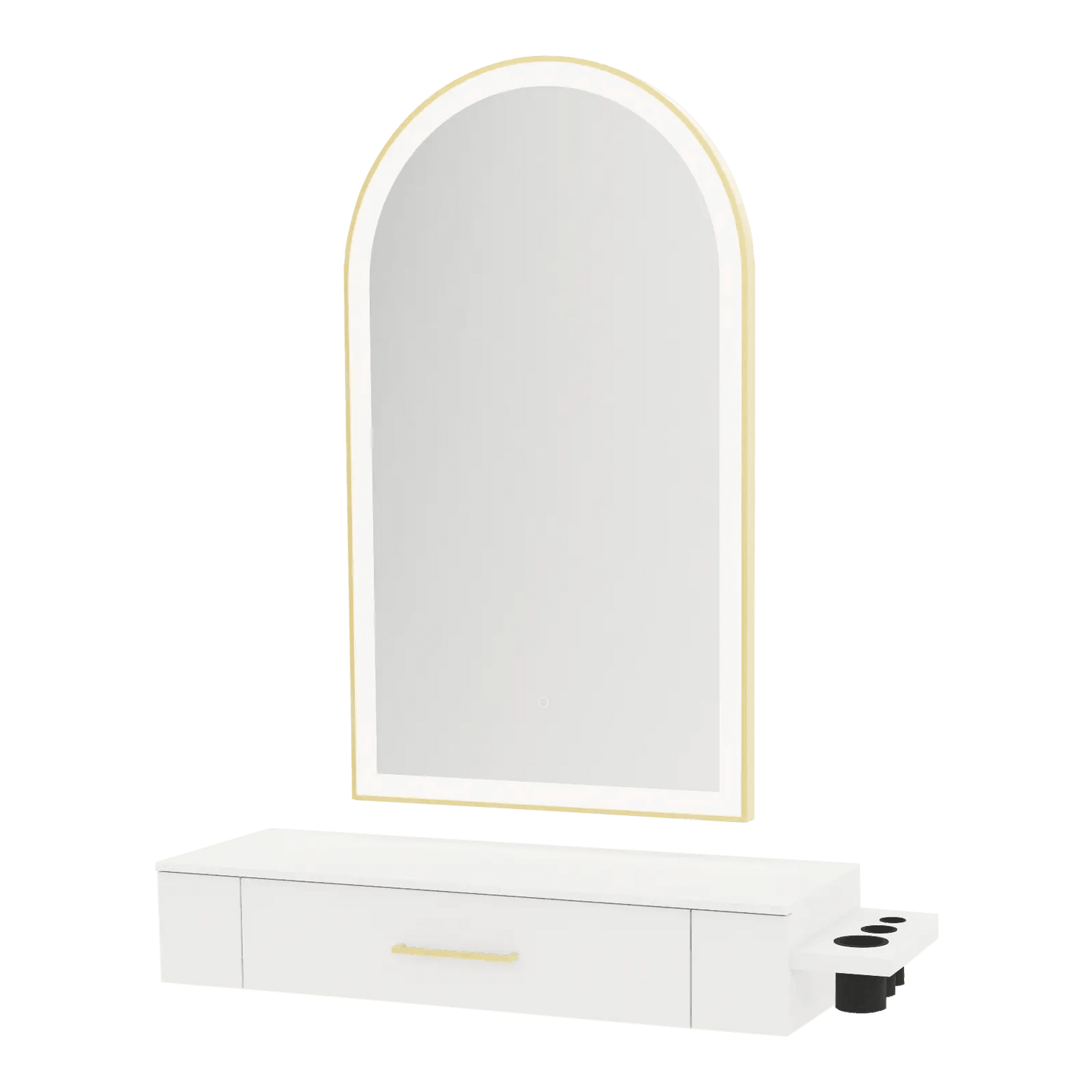 Nova Wall Mount Styling Station with Side-Mount Appliance Holder, Solid Surface Countertop and Gold Paloma Arch Mirror - Kaemark