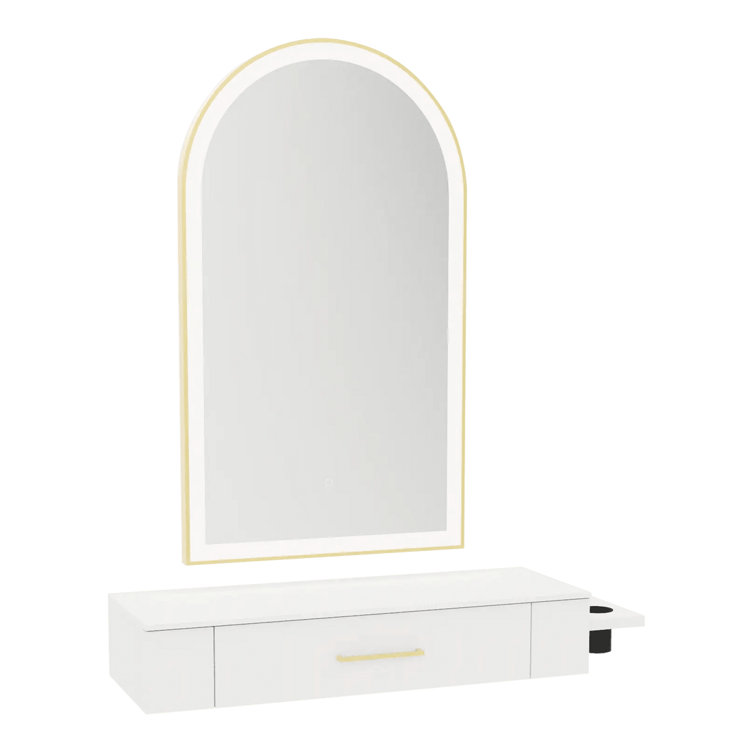 Nova Wall Mount Styling Station with Side-Mount Appliance Holder, Solid Surface Countertop and Gold Paloma Arch Mirror - Kaemark