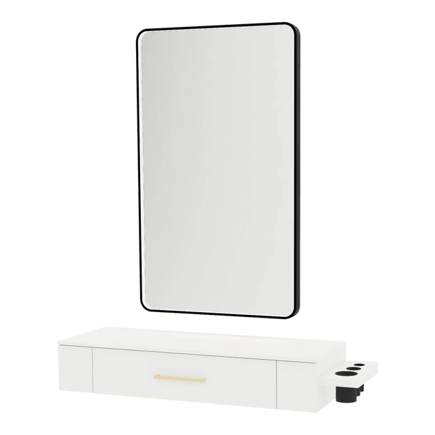 Nova Wall Mount Styling Station with Side-Mount Appliance Holder, Solid Surface Countertop, and Black Rectangle Westin Mirror - Kaemark