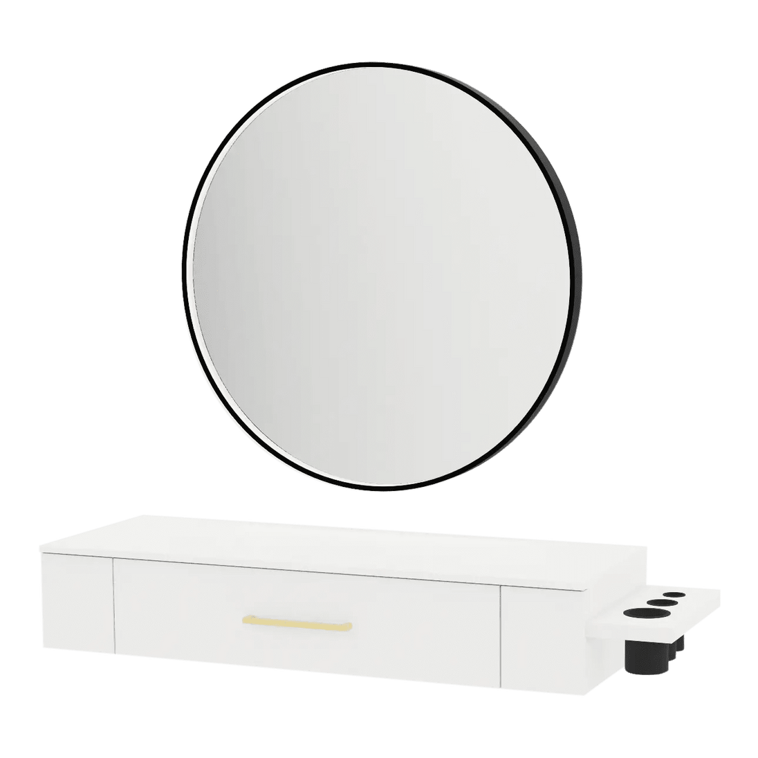 Nova Wall Mount Styling Station with Side-Mount Appliance Holder, Solid Surface Countertop, and Black Round Westin Mirror - Kaemark