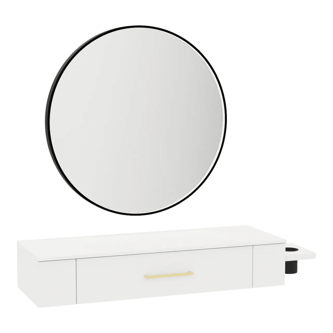 Nova Wall Mount Styling Station with Side-Mount Appliance Holder, Solid Surface Countertop, and Black Round Westin Mirror - Kaemark