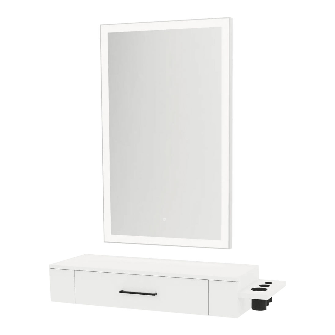 Nova Wall Mount Styling Station with Side-Mount Appliance Holder and Silver Rectangle Glo Mirror - Kaemark