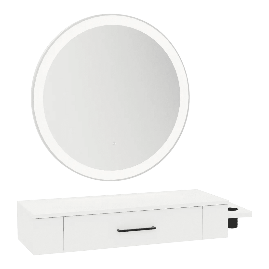 Nova Wall Mount Styling Station with Side-Mount Appliance Holder and Silver Round Glo Mirror - Kaemark