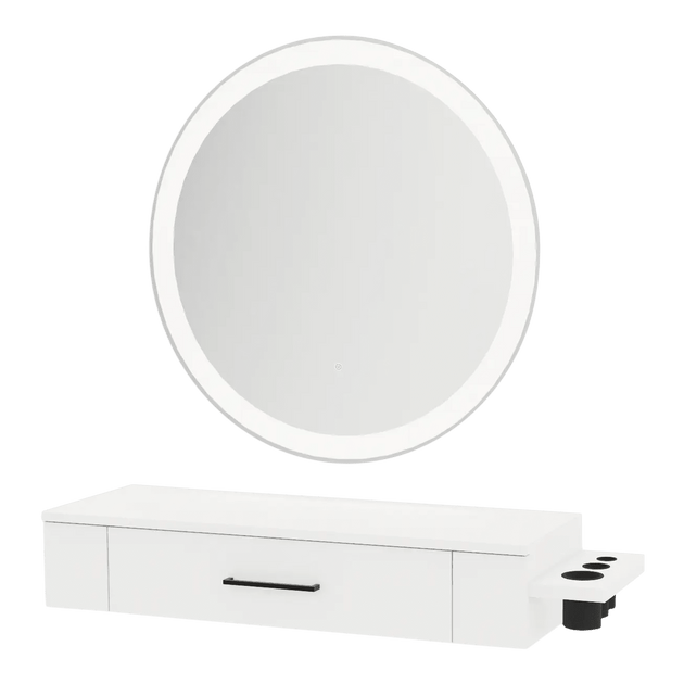 Nova Wall Mount Styling Station with Side-Mount Appliance Holder and Silver Round Glo Mirror - Kaemark