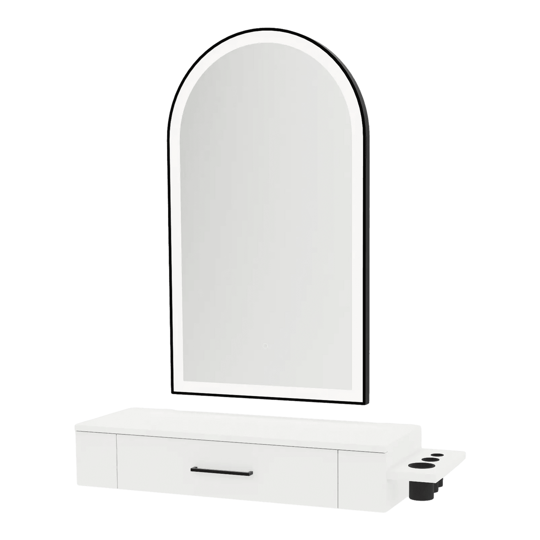 Nova Wall Mount Styling Station with Side-Mount Appliance Holder and Black Paloma Arch Mirror - Kaemark