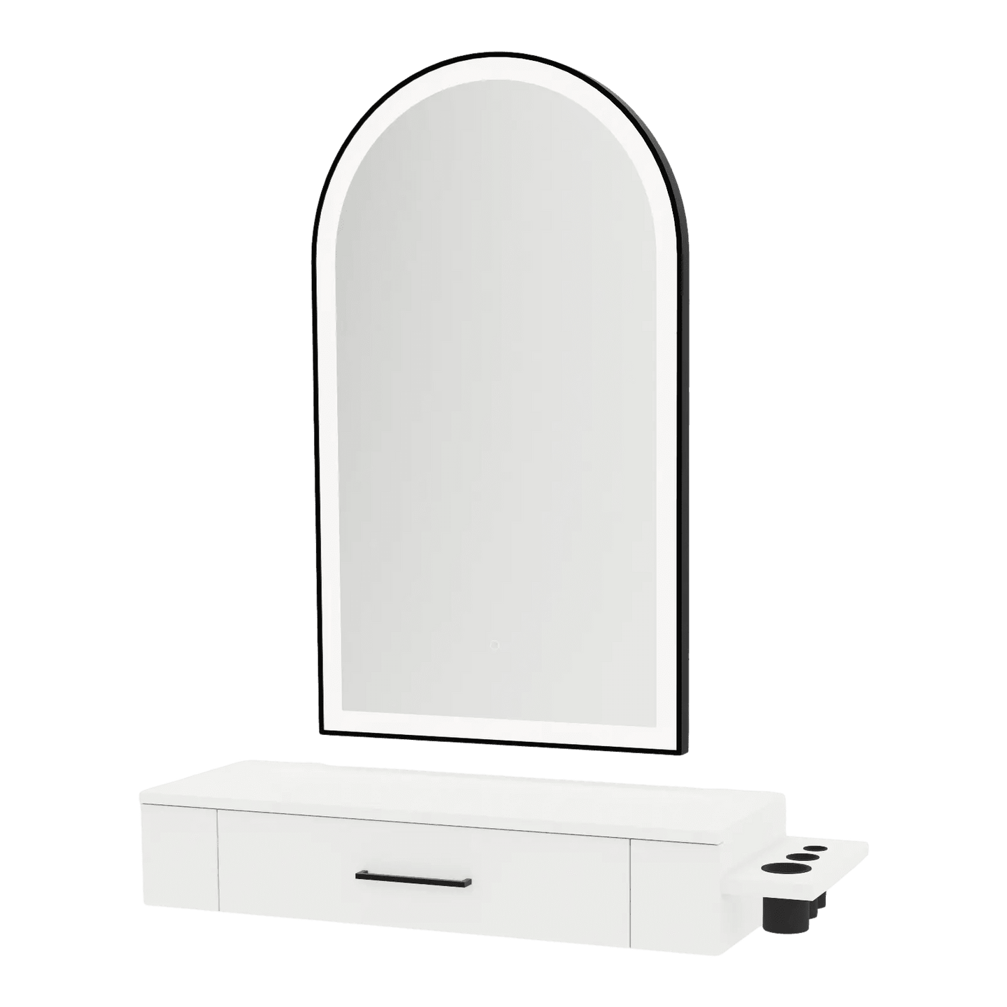 Nova Wall Mount Styling Station with Side-Mount Appliance Holder and Black Paloma Arch Mirror - Kaemark