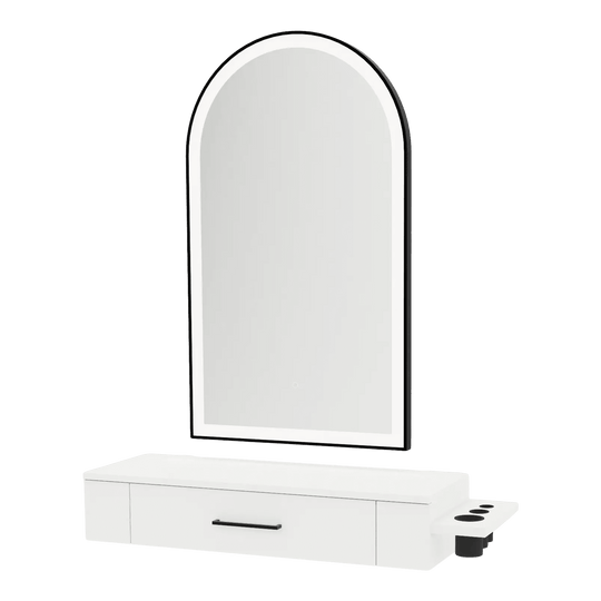 Nova Wall Mount Styling Station with Side-Mount Appliance Holder and Black Paloma Arch Mirror - Kaemark