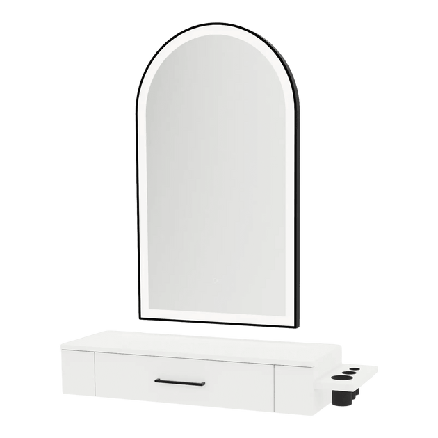 Nova Wall Mount Styling Station with Side-Mount Appliance Holder and Black Paloma Arch Mirror - Kaemark