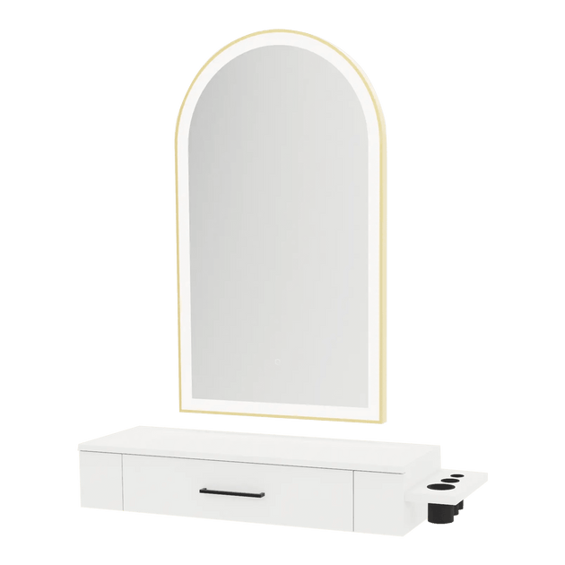 Nova Wall Mount Styling Station with Side-Mount Appliance Holder and Gold Paloma Arch Mirror - Kaemark