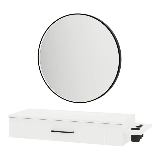 Nova Wall Mount Styling Station with Side-Mount Appliance Holder and Black Round Westin Mirror - Kaemark