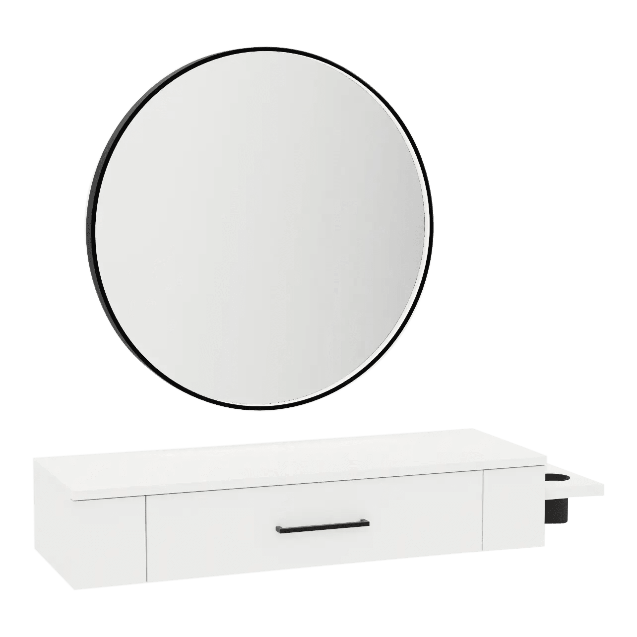 Nova Wall Mount Styling Station with Side-Mount Appliance Holder and Black Round Westin Mirror - Kaemark