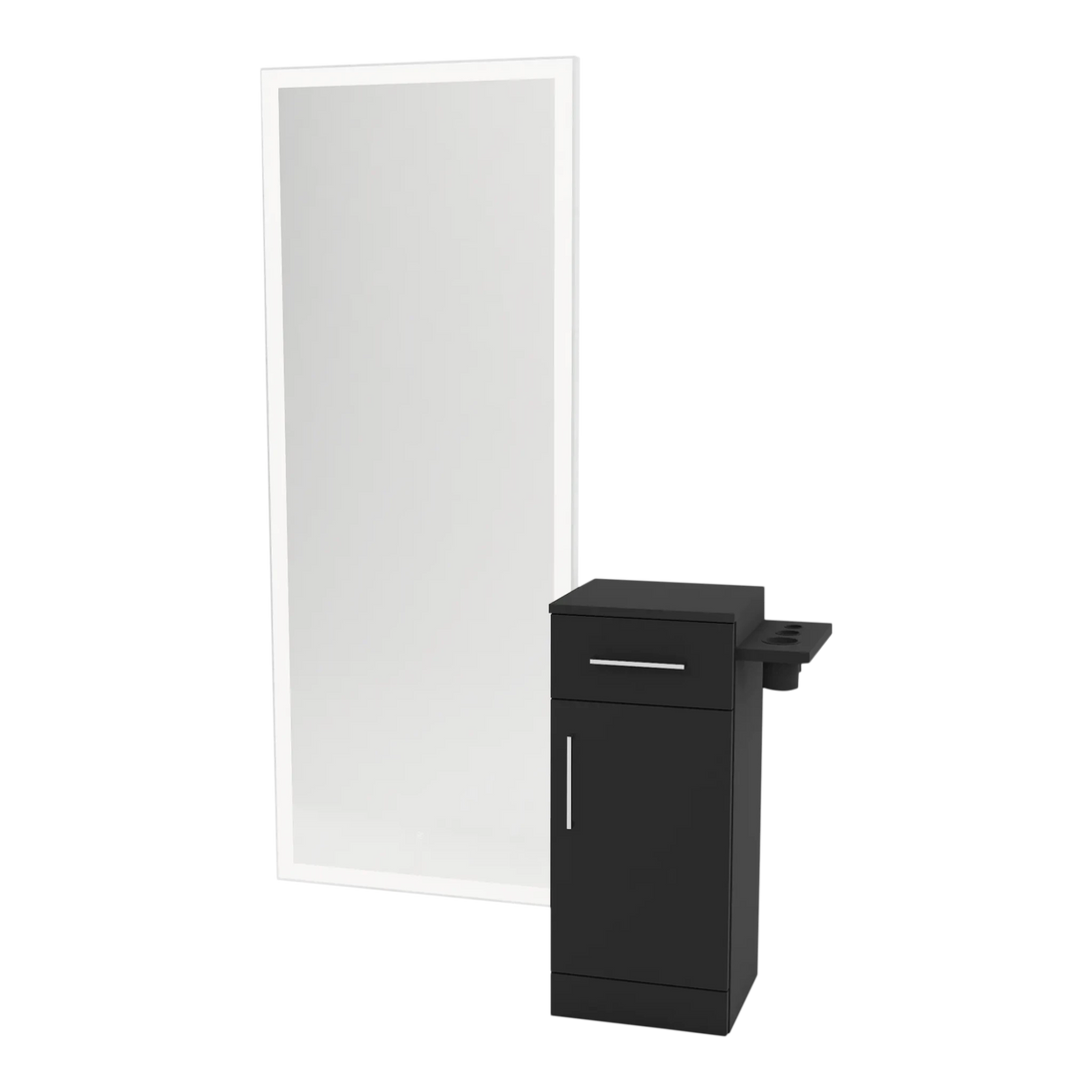 Nova Tower Free Standing Styling Station with Side-Mount Appliance Holder and Silver Full-Length Rectangle Glo Mirror - Kaemark