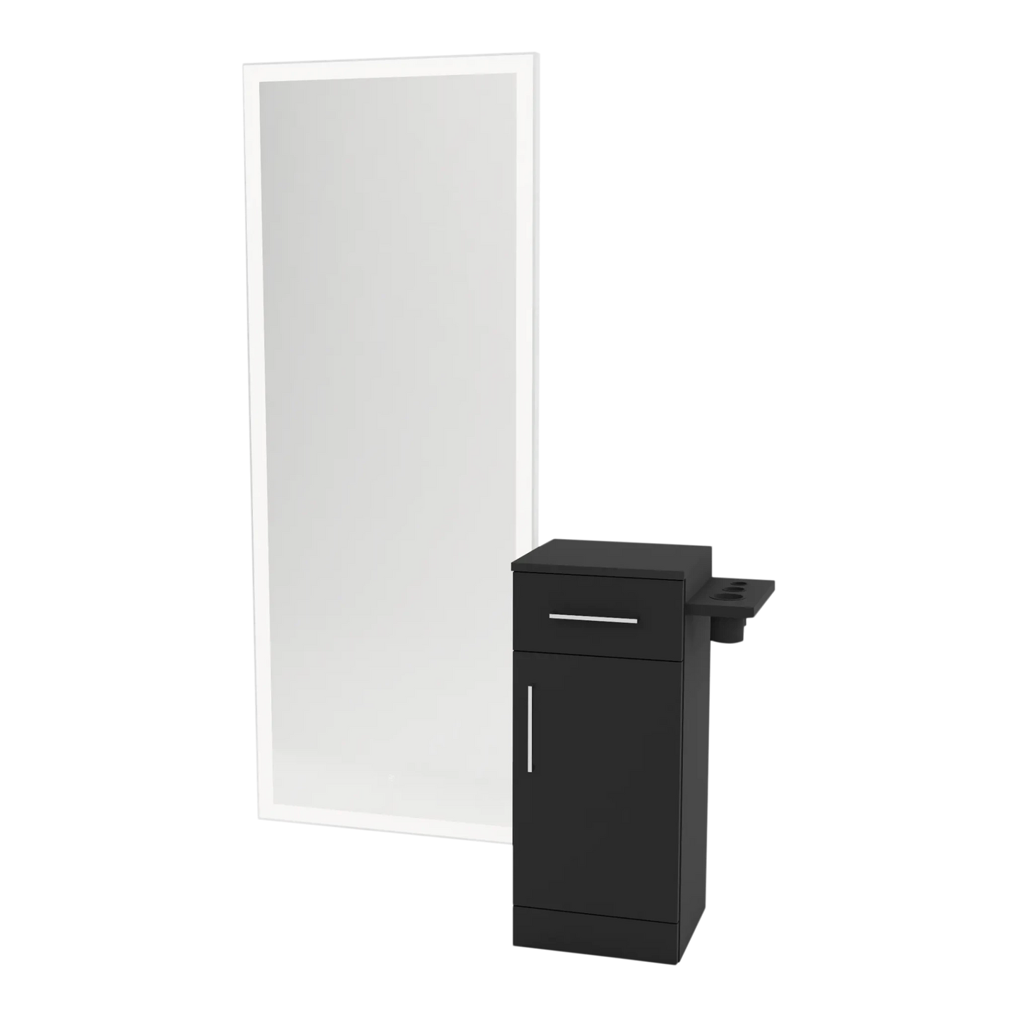 Nova Tower Free Standing Styling Station with Side-Mount Appliance Holder and Silver Full-Length Rectangle Glo Mirror - Kaemark