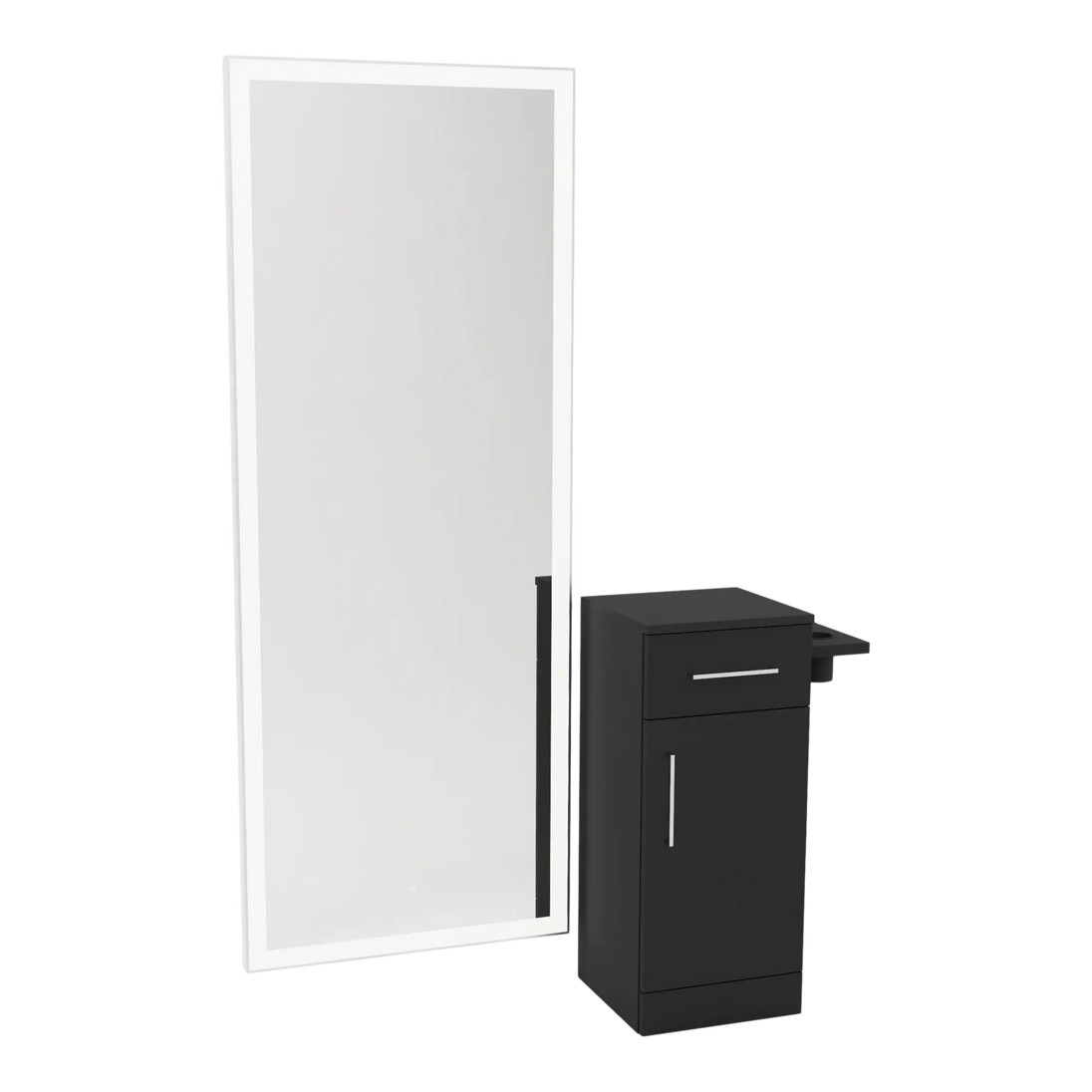 Nova Tower Free Standing Styling Station with Side-Mount Appliance Holder and Silver Full-Length Rectangle Glo Mirror - Kaemark