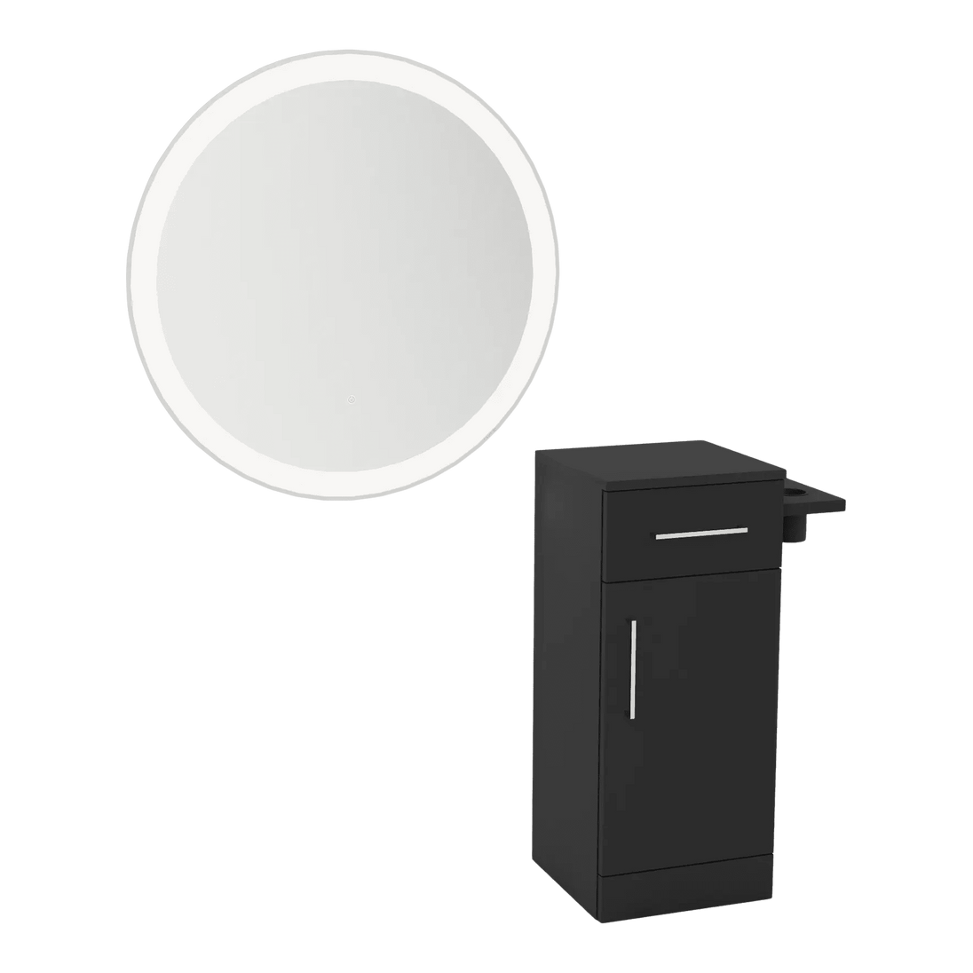 Nova Tower Free Standing Styling Station with Side-Mount Appliance Holder and Silver Round Glo Mirror - Kaemark