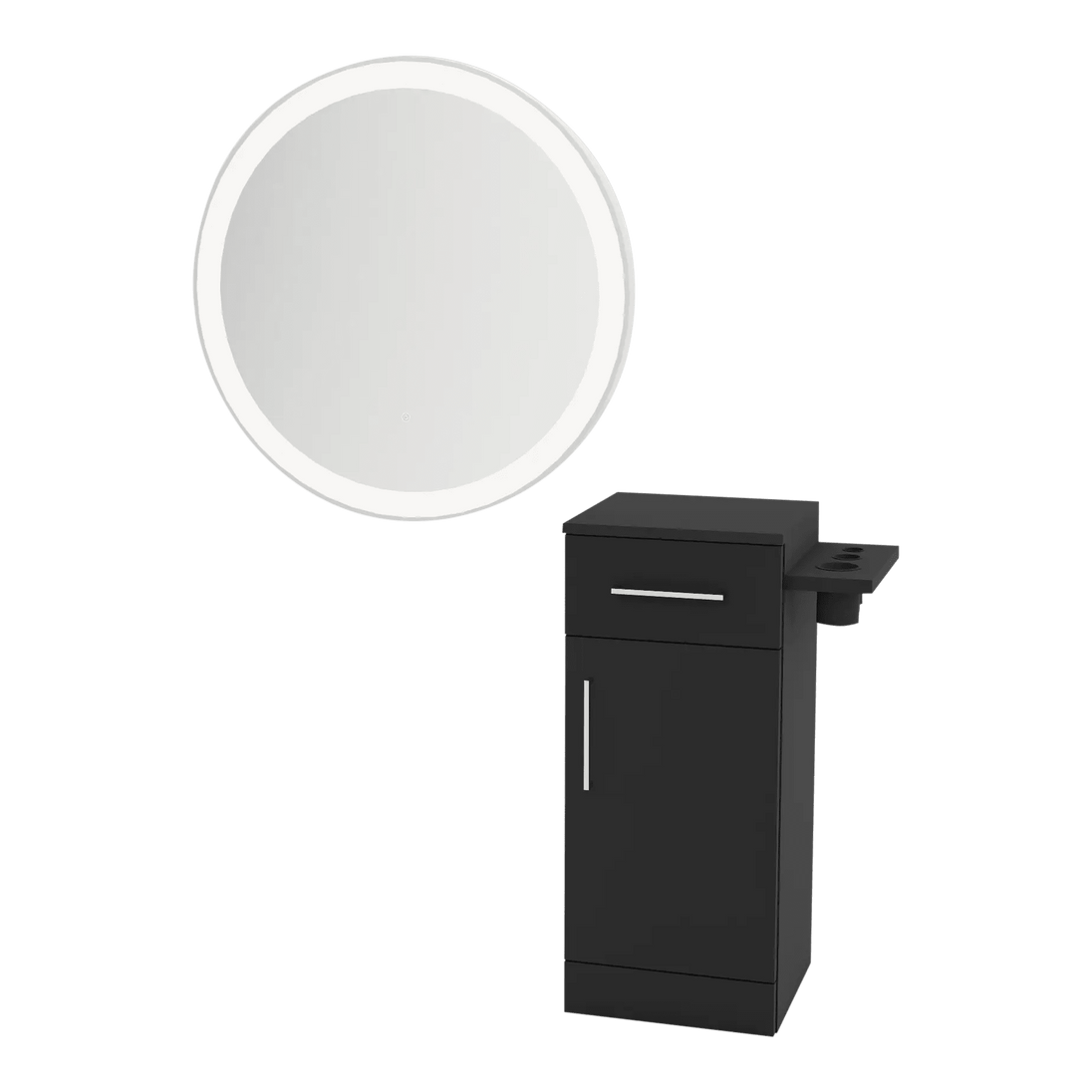 Nova Tower Free Standing Styling Station with Side-Mount Appliance Holder and Silver Round Glo Mirror - Kaemark