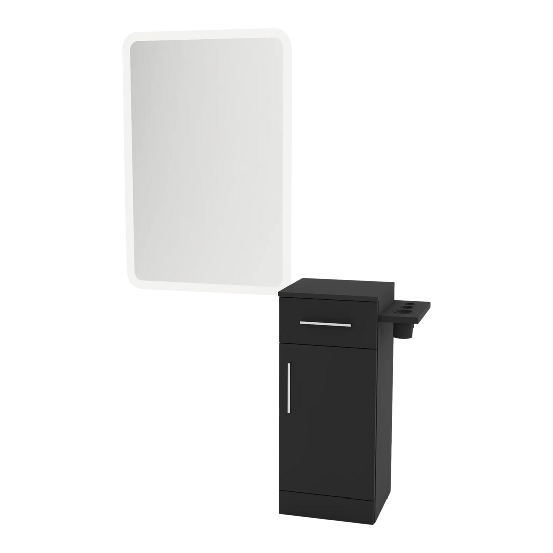 Nova Tower Free Standing Styling Station with Side-Mount Appliance Holder and White Rectangle Illuminate Back Lit Mirror - Kaemark