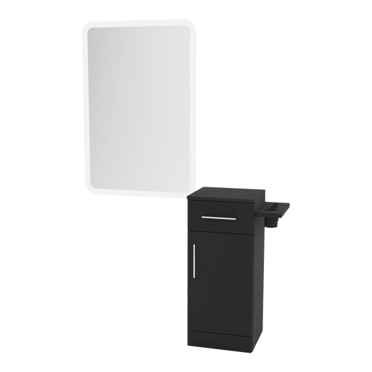 Nova Tower Free Standing Styling Station with Side-Mount Appliance Holder and White Rectangle Illuminate Back Lit Mirror - Kaemark
