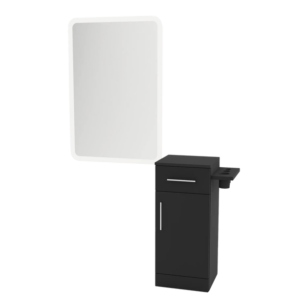 Nova Tower Free Standing Styling Station with Side-Mount Appliance Holder and White Rectangle Illuminate Back Lit Mirror - Kaemark