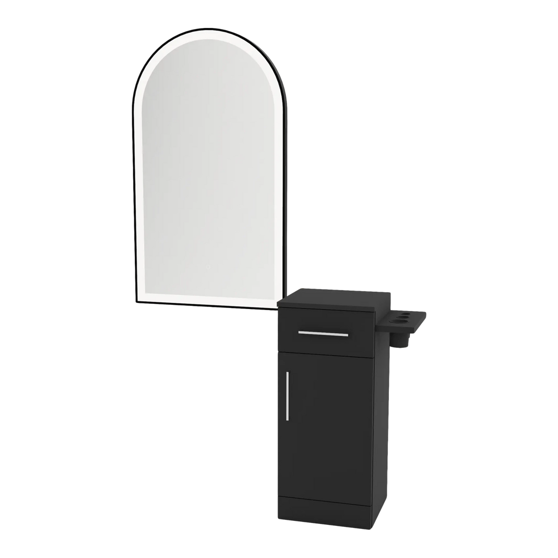 Nova Tower Free Standing Styling Station with Side-Mount Appliance Holder and Black Arch Paloma Mirror - Kaemark