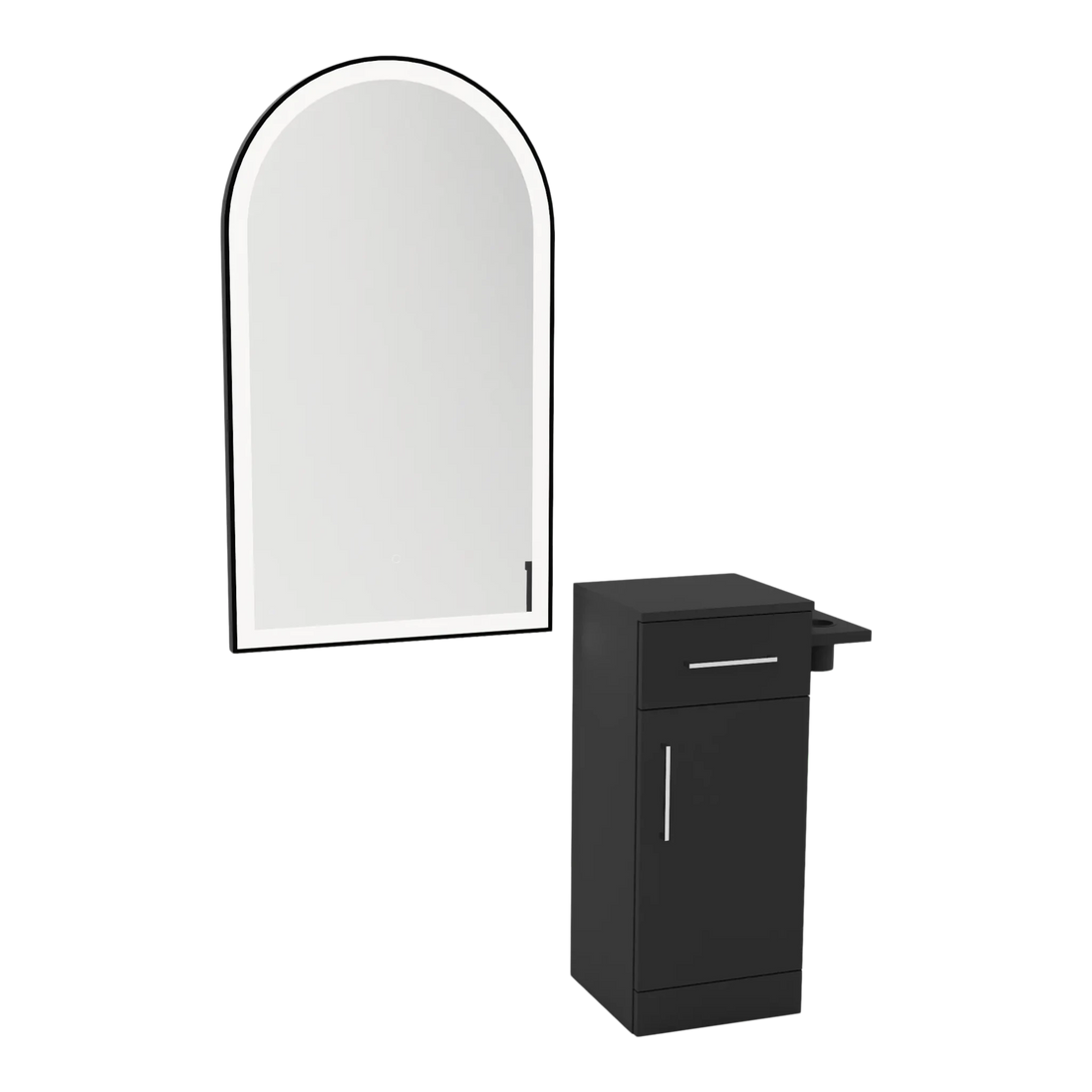 Nova Tower Free Standing Styling Station with Side-Mount Appliance Holder and Black Arch Paloma Mirror - Kaemark