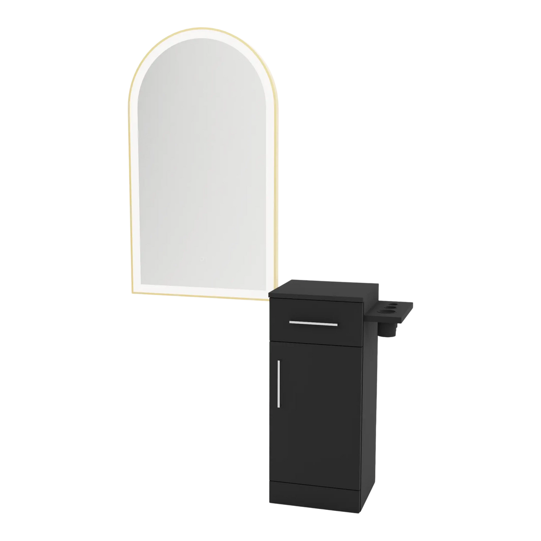Nova Tower Free Standing Styling Station with Side-Mount Appliance Holder and Gold Arch Paloma Mirror - Kaemark