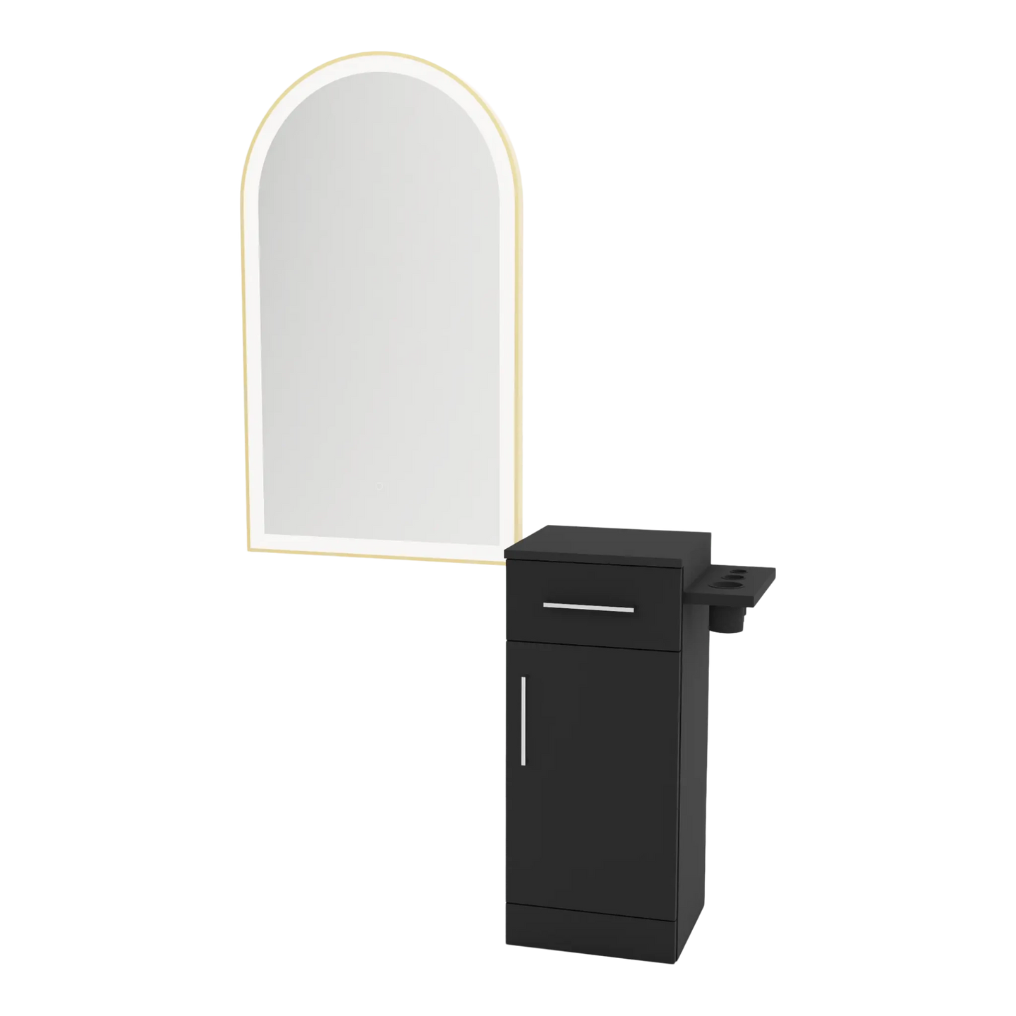 Nova Tower Free Standing Styling Station with Side-Mount Appliance Holder and Gold Arch Paloma Mirror - Kaemark
