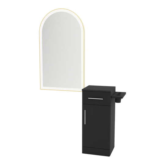 Nova Tower Free Standing Styling Station with Side-Mount Appliance Holder and Gold Arch Paloma Mirror - Kaemark