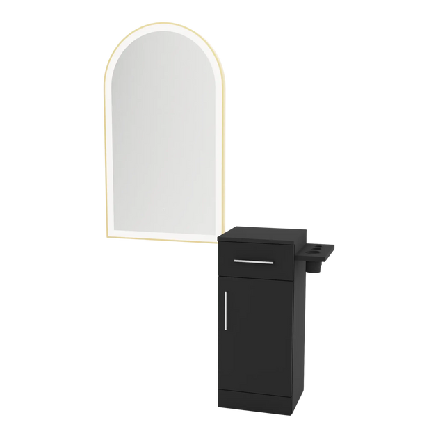 Nova Tower Free Standing Styling Station with Side-Mount Appliance Holder and Gold Arch Paloma Mirror - Kaemark