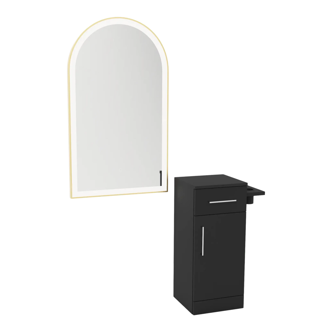 Nova Tower Free Standing Styling Station with Side-Mount Appliance Holder and Gold Arch Paloma Mirror - Kaemark