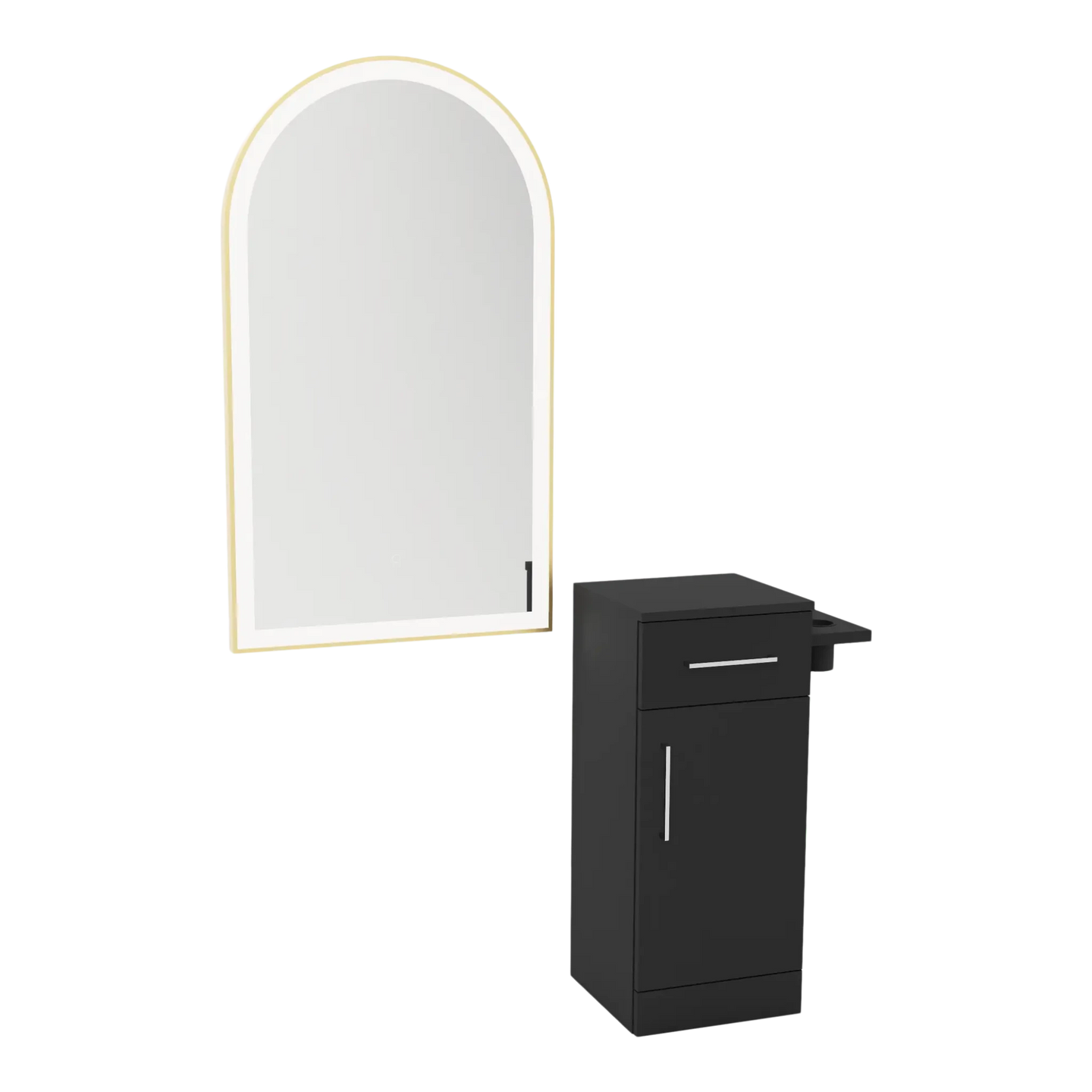 Nova Tower Free Standing Styling Station with Side-Mount Appliance Holder and Gold Arch Paloma Mirror - Kaemark