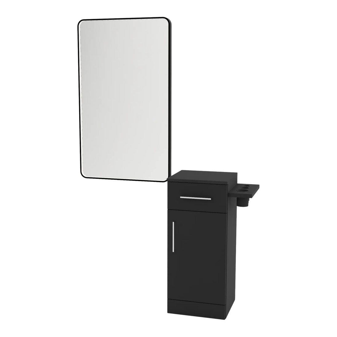 Nova Tower Free Standing Styling Station with Side-Mount Appliance Holder and Black Rectangle Westin Mirror - Kaemark