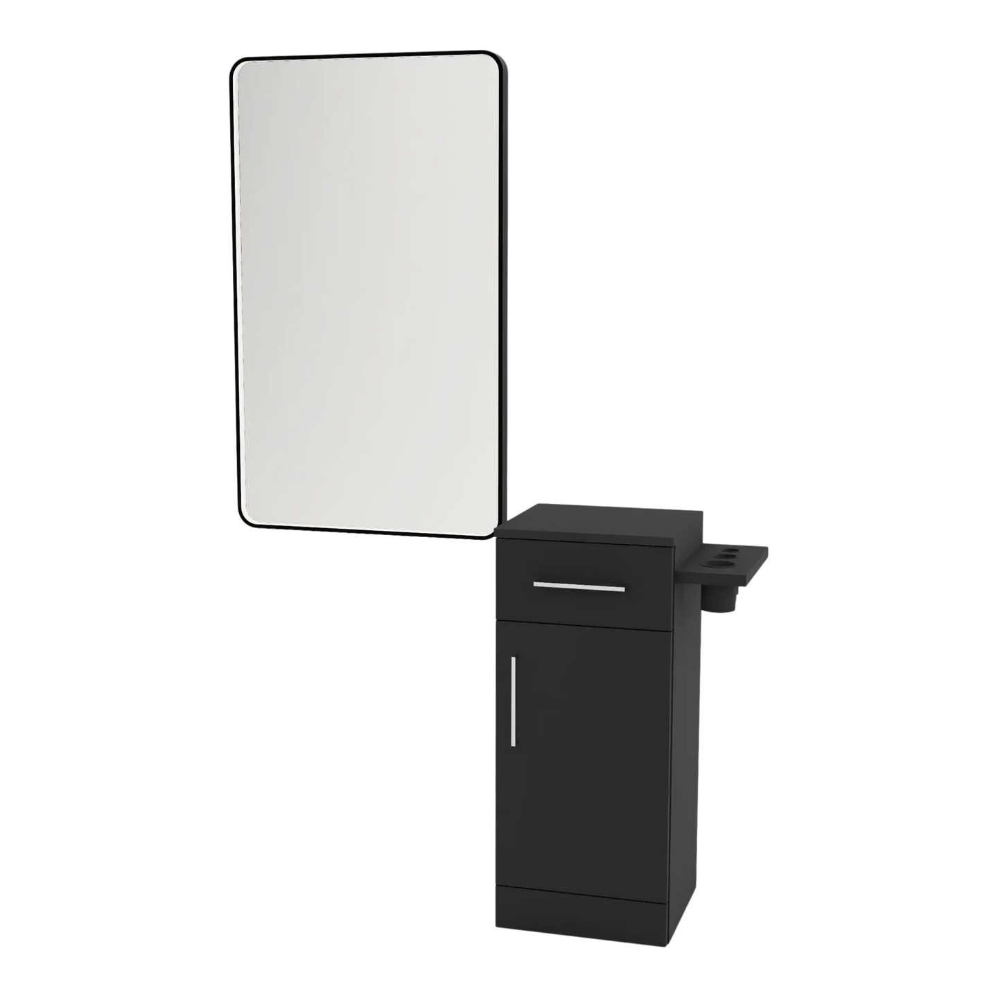 Nova Tower Free Standing Styling Station with Side-Mount Appliance Holder and Black Rectangle Westin Mirror - Kaemark