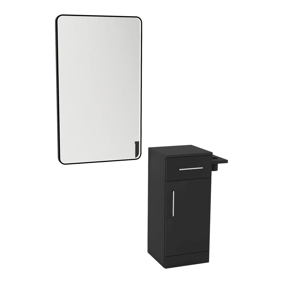 Nova Tower Free Standing Styling Station with Side-Mount Appliance Holder and Black Rectangle Westin Mirror - Kaemark