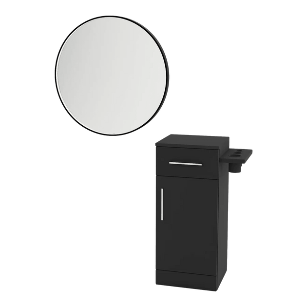Nova Tower Free Standing Styling Station with Side-Mount Appliance Holder and Black Round Westin Mirror - Kaemark