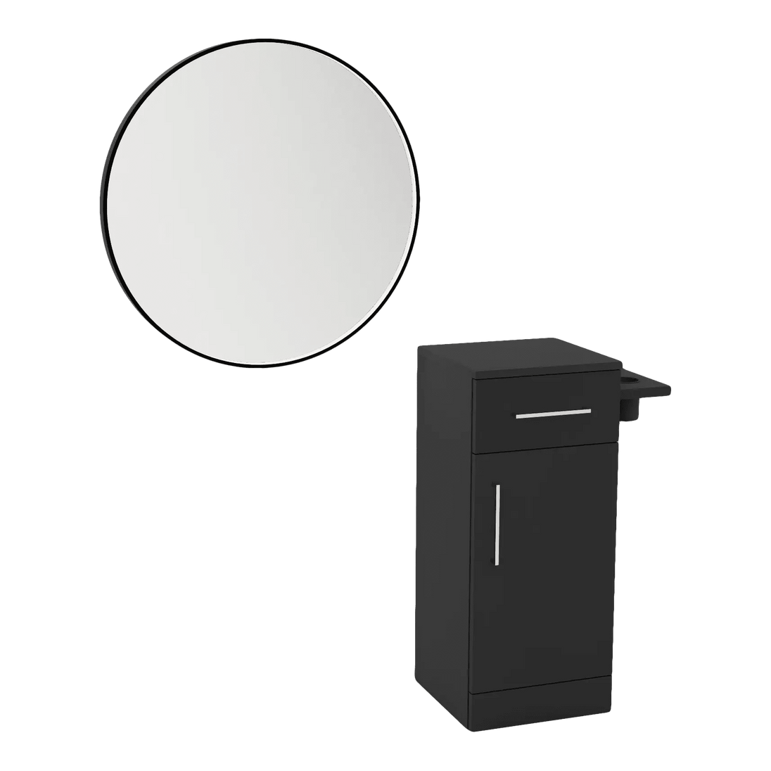 Nova Tower Free Standing Styling Station with Side-Mount Appliance Holder and Black Round Westin Mirror - Kaemark