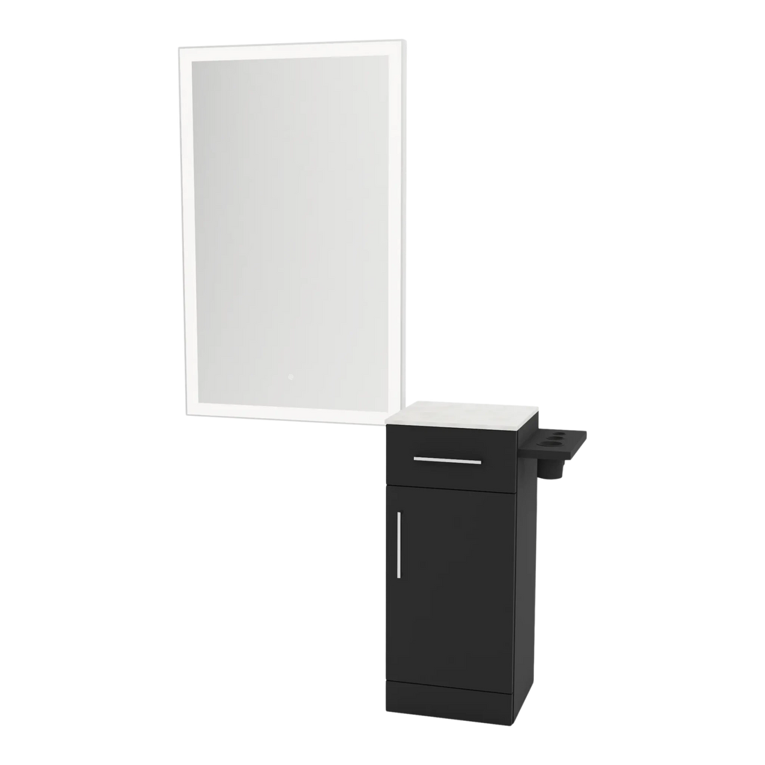 Nova Wall Mount Styling Station with Concealed Appliance Holder, Solid Surface Countertop, and Silver Rectangle Glo Mirror - Kaemark