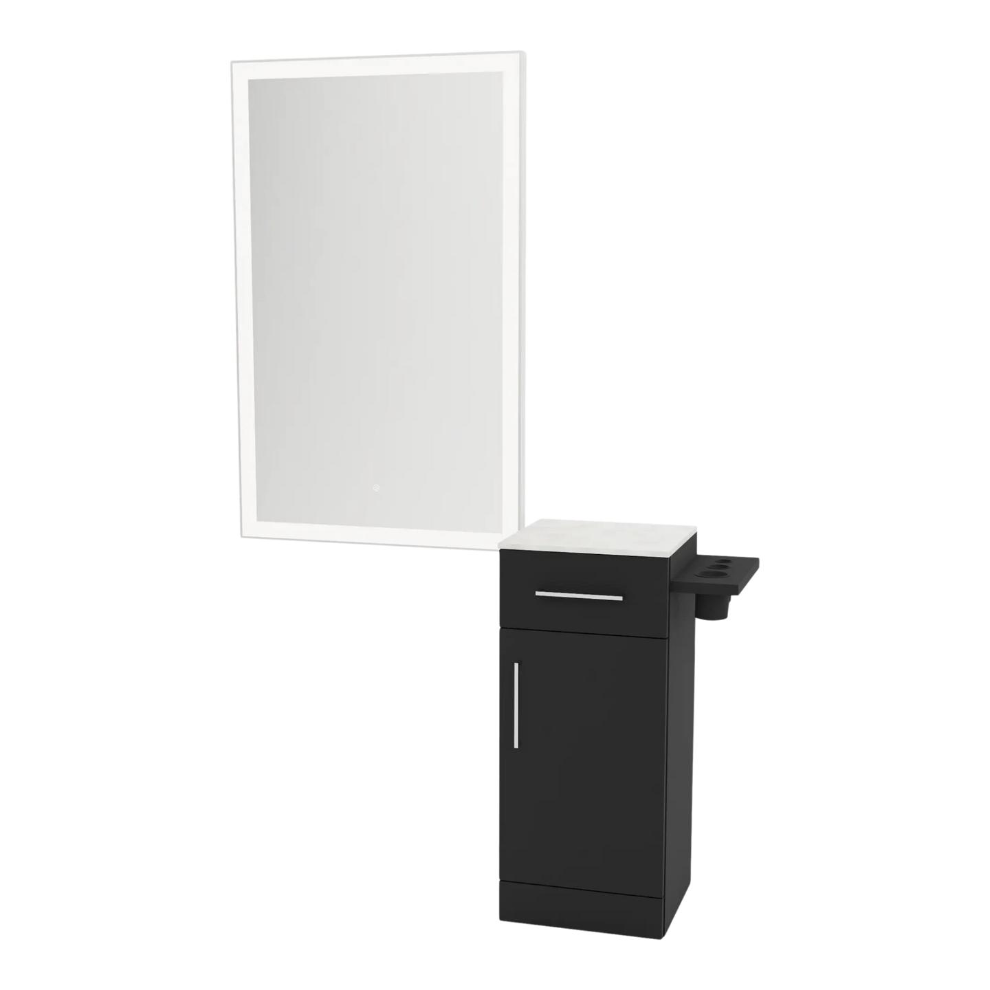 Nova Wall Mount Styling Station with Concealed Appliance Holder, Solid Surface Countertop, and Silver Rectangle Glo Mirror - Kaemark